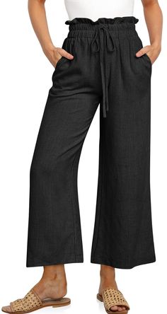 PRICES MAY VARY. Casual Linen Pants - US SIZE: S=US(4-6), M=US(8-10), L=US(12-14), XL=US(16-18), XXL=US(20-22), our palazzo pants feature a drawstring, elastic high waist, and relaxed style to flatter all body types. Occasion - This wide leg capri trousers suit for vacation, beach, travel, work, outdoor activity, home and lounge wear. They are so light weight,flowy,comy and stylish looking for any occasion. Featurs - Linen material, slouchy style, elastic draswtring hig wasited, 2 Side deep pock Black Drawstring Wide Leg Pants For Summer, Non-stretch High Waist Wide Leg Pants With Drawstring, Black Cotton Bottoms With Tie Waist, Cropped Trousers Outfit, Womens Flowy Pants, Womens Linen Pants, Women Pants Size Chart, Summer Linen Pants, Casual Linen Pants