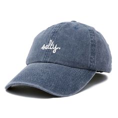 Embrace the laid-back charm of coastal living with our Salty baseball cap. Crafted from 100% cotton, our 6-panel low-crown dad cap combines comfort with effortless style. Whether you're strolling along the boardwalk, lounging on the sand, or simply running errands under the sun, our cap promises a blend of functionality and fashion that suits every beach lover's lifestyle. Measuring 11 inches in length, this unstructured cap features a fabric strap closure with a metal buckle, ensuring a secure Blue Cotton Trucker Hat For The Beach, Casual Navy Baseball Cap For Summer, Casual Embroidered Baseball Cap For Beach, Casual Navy Trucker Hat, One Size Fits Most, Casual 5-panel Dad Hat For Beach, Casual Navy Trucker Hat, Casual Blue Cotton Trucker Hat, Casual Beach Dad Hat Six-panel, Casual Navy Baseball Cap For Beach