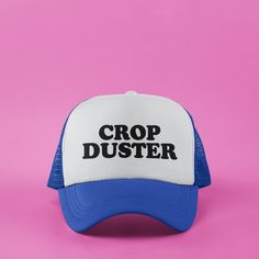 🧡This Crop Duster custom snapback trucker hat is great for any occasion. Full of style, comfort, and laughs, it's perfect to wear to the beach, birthdays, parties, reunions, brunches, cruises, vacations, festivals, concerts, camping trips, and more. Cover up any bad hair day and make a fashion statement with this practical accessory. Make your friends laugh when you wear it out or gift one to your mom, dad, brother, sister, boyfriend, girlfriend, wife, husband, or friend who always leaves a fart lingering and acts like it wasn't them who crop dusted everyone. 🎨Choose your hat color and your custom cap with black text will be made to order.  📏 Hat and Size Information: One size fits most adults, thanks to the adjustable snapback closure. Front & brim is 100% cotton, back mesh & snap is 1 Funny Letter Print Trucker Hat For Streetwear, Blue Letter Print Trucker Hat For Beach, Funny Snapback Hat With Letter Print, Funny Trucker Hat, One Size Fits Most, Funny Adjustable Trucker Hat For Streetwear, Funny One Size Fits Most Trucker Cap, Funny Trucker Hat One Size, Funny Adjustable Trucker Hat, Funny Adjustable Trucker Baseball Cap