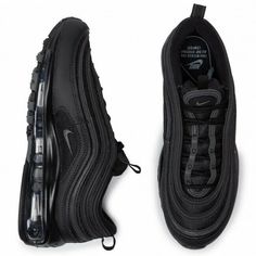 This women's Nike Air Max 97 arrives in a clean black and dark grey colorway. Sporting a black-based upper with dark grey accents. Their release date was August 1st, 2017 where they dropped alongside a collection of Air Max classics such as the AM 90 and AM 95 Air Max 97 Black Outfit, Nike 97, Nike Air Max 97 Black, Nike Air Max Black, Black Sneakers Women, Tmax Yamaha, Black Nike Air Max, Branded Shoes, Black Nike Shoes