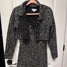 Black And Gold Tweed Dress And Jacket. Never Worn. Fall Tweed Dress With Buttons, Fitted Black Tweed Dress For Winter, Black Tweed Dress For Fall Workwear, Black Long Sleeve Tweed Dress For Fall, Urban Revivo, Dress And Jacket, Tweed Dress, Black And Gold, Size 2