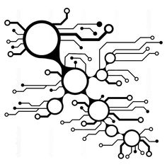 an abstract black and white circuit board background with circles, dots and lines on it