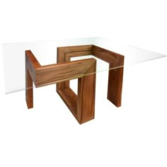 a wooden table with glass top on white background