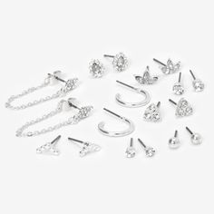 Look trendy in a classic silver set of hoops & studs! This set of earrings includes studs & drops, with faux crystals. Finish: Silver-tone Closure: Post back Pack Size: 9 Material: Metal - Claire's Silver Fancy Crystal Mixed Earrings - 9 Pack Silver Earrings Pack, Cute Earrings Aesthetic Silver, Silver Earrings Aesthetic Simple, Mixed Earrings, Silver Earrings Aesthetic, Silver Earring Set, Earrings Silver Studs, Silver Earrings Set, Simple Silver Earrings