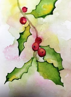 watercolor painting of holly leaves and berries