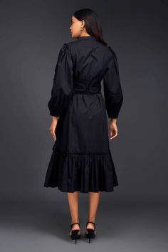 Black shirt dress with matching pleated frill detailing on one side. - Aza Fashions Puff Sleeve Dress With Ruffle Hem For Work, Chic Cotton Shirt Dress With Ruffles, Ruffled Midi Shirt Dress For Work, Black Long Sleeve Dress With Pleated Hem, Chic Knee-length Shirt Dress With Ruffles, Elegant Cotton Midi Dress With Pleated Sleeves, Cotton Ruffle Dress For Workwear, Black Workwear Dresses With Gathered Sleeves, Fitted Shirt Dress With Ruffle Hem For Daywear