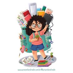 an illustration of a girl holding a plant in front of her face and surrounded by school supplies