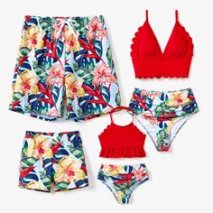 Introducing our Family Swimsuit adorned with Beautiful Flowers! Elevate your family's beach style with our matching red swimsuits decorated with vibrant flowers. Made from a blend of polyester and spandex, these swimsuits are not only stylish but also comfortable for a day of fun in the sun. Key Features: Each set includes a one-piece swimsuit or swim trunks for every family member, ensuring a coordinated and stylish look. Additionally, choose from our selection of swim cover-ups available in bo Red Printed Swimwear For Beach, Red Floral Print Swimwear For The Beach, Red One-piece Swimwear With Floral Print, Floral Print Beachwear One-pieces For Sunbathing, Floral Print V-neck Swimwear For Pool, Swimsuit Collection, Red Swimsuit, Swimsuit Set, Swim Cover