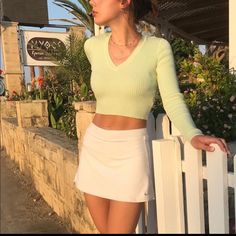 Fitted Ribbed V-Neck Long Sleeve Sweater In Lime Green. Fabrics: 100% Cotton Measurements: 18" Length, 17" Bust Made In: Italy Green Fabrics, Brandy Melville Outfits, Y2k Crop Top, Cute Spring Outfits, Causual Outfits, Mein Style, Women's Sweaters, Knitting Women Sweater, Spring Green