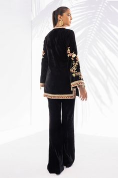 Black Velvet Pants For Party, Formal Unstitched Sharara With Floral Embroidery, Elegant Pants With Dabka For Festive Occasions, Festive Velvet Long Sleeve Sets, Elegant Black Pant Set For Festive Occasions, Embroidered Velvet Palazzo Set, Elegant Designer Pants For Festivals, Traditional Pants With Dupatta For Party, Embroidered Long Sleeve Palazzo Set For Formal Occasions