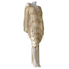 Torso Creations Macrame Leather Fringe "Dream Catcher" W/ Delicate Lace Trim | From a unique collection of rare vintage Casual Dresses at https://www.1stdibs.com/fashion/clothing/day-dresses/casual-dresses/. Vintage Casual Dresses, Macrame Fashion, Crochet Halter Dress, Electric Blue Dresses, Full Flared Skirt, Informal Dress, Halter Dress Summer, One Shoulder Cocktail Dress, Cocktail Dress Vintage