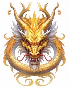 a golden dragon head with red eyes and long horns on it's face, in front of a white background