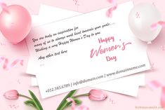 a woman's day greeting card with balloons and streamers in the air on a pink background