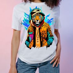 a woman wearing a white t - shirt with an image of a tiger on it