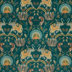 an image of a green and gold wallpaper with peacocks, swans, tigers and other animals