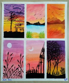 four different colored paintings on paper with trees and water in the background at sunset or dawn