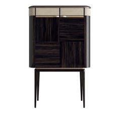 a black and white cabinet with wooden panels on the front, two doors open to reveal an interesting design