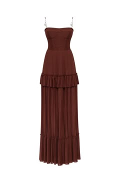 Chocolate spaghetti strap pleated maxi dress, Garden of Eden ➤➤ Milla Dresses - USA, Worldwide delivery Strapless Pleated Maxi Dress For Gala, Brown Pleated Evening Dress, Pleated Brown Maxi Dress For Party, Brown Spaghetti Strap Maxi Dress For Party, Elegant Brown Maxi Dress For Gala, Lined Bodice Maxi Dress For Date Night, Date Night Maxi Dress With Lined Bodice, Chic Pleated Brown Maxi Dress, Chic Brown Pleated Maxi Dress