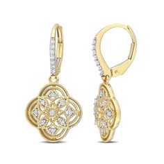 Achieve a most elegant look with the vintage-inspired details of these diamond flower drop earrings. Created in warm 10K gold Each open-worked earring showcases a four-petaled flower-shaped drop shimmering with diamonds and interlaced milgrain-detailed ribbons. Diamonds glisten along the ear wire to complete the look. These 1/6 ct. t.w. diamond earrings secure with lever backs. Classic Gold Diamond Flower-shaped Earrings, Classic Diamond Earrings With Flower Shape For Formal Occasions, Elegant Gold Flower-shaped Diamond Earrings, Luxury Diamond Filigree Earrings, Elegant Diamond Dangle Earrings With Intricate Design, Exquisite Diamond Earrings With Intricate Design For Formal Occasions, Elegant Diamond Drop Earrings With Intricate Design, Diamond Drop Earrings With Intricate Design, Elegant Intricate Diamond Drop Earrings