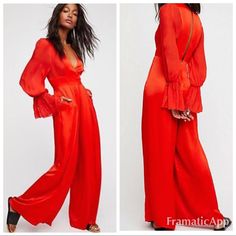 Retail Price: $168 New With Tags Sizing: 8 Red Long Sleeve Jumpsuits And Rompers For Fall, Red V-neck Jumpsuit For Fall, Elegant Red Long Sleeve Jumpsuit, Red Fitted V-neck Jumpsuits And Rompers, Red V-neck Fitted Jumpsuit, Red V-neck Jumpsuit For Night Out, Red Long Sleeve Jumpsuits And Rompers For Summer, Red Overall Jumpsuit For Fall, Red Long Sleeve Jumpsuits For Summer