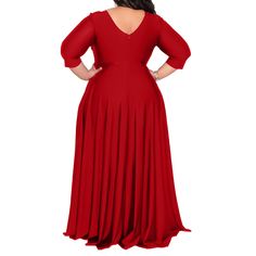 Red 3/4 Sleeve V Neck Plus Size Dress Solid Color Half Sleeve Evening Dress, Evening Dress With Half Sleeves, Solid Color Half Sleeve Party Dress, Red Half Sleeve Dress For Fall, Formal Maxi Dress With 3/4 Sleeves For Summer, Red 3/4 Sleeve Dress For Fall, Red Half Sleeve Evening Dress, Fall Party Maxi Dress With 3/4 Sleeves, Red Half Sleeve Party Dress