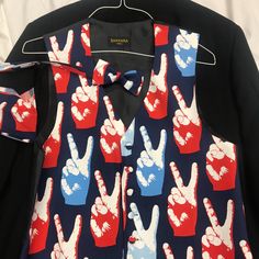 New Never Worn Pop Art Peace Sign Tuxedo Vest And Bow Tie And Hanky Made By Santana Formal Accessories, All Cotton , Full Back Size Small, Can Wear With Jeans, Tux, Or Suit Blue Printed Party Set, Retro Fitted Blue Sets, Retro Blue Fitted Sets, Vest And Bow Tie, Tuxedo Vest, Formal Accessories, Vest And Tie, Blazer Vest, Peace Sign