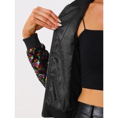 This glitter bomber jacket is fashionable and chic, and it helps you show your unique charm. Lattice-shaped sequins bring fun to this sparkle jacket which you are ready to wear for party night. The Sequin Jacket is always a delectable choice! It has a cropped design that easily matches your mini skirt for a fashion look. Trendy Outerwear With Contrast Sequin For Party, Trendy Sequined Outerwear For Party Season, Trendy Spring Outerwear With Contrast Sequin, Trendy Party Outerwear With Zipper Closure, Trendy Black Sequined Outerwear, Black Outerwear With Contrast Sequin For Winter, Trendy Black Outerwear With Sequins, Winter Black Outerwear With Contrast Sequin, Sparkle Jacket