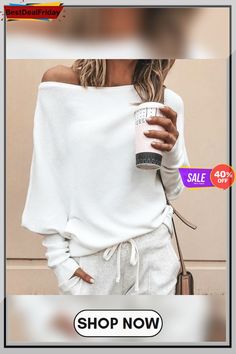 Women's Fashion Off Shoulder Long Sleeve Sweater Casual Long Sleeved Sweatshirt Tops Trendy Fall Loungewear Blouse, White Long Sleeve Top Relaxed Fit For Fall, White Long Sleeve Top For Fall, White Long Sleeve Top For Fall With Relaxed Fit, White Relaxed Fit Long Sleeve Top For Fall, Spring Sweatshirt With Batwing Sleeves, Fall Loungewear Tops With Batwing Sleeve, Casual Batwing Sleeve Long Sleeve Top For Fall, Trendy White Long Sleeve Top For Winter