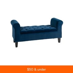 a blue bench with the words $ 350 and under below it on an orange background