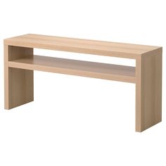 a wooden table with two shelves on the bottom and one shelf below it, against a white background