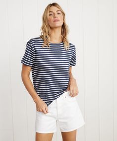 Rue Striped Tee White Stripe Introducing Saint James x Jenni Kayne: elevated basics, from France to LA. Based off of Saint James' iconic striped tees, our exclusive collection fuses French classics with California cool, bringing you a timeless and enduring staple that you'll happily style through every season. 98% linen, 2% elastane. Made in Saint-James, Normandy, France. Linen produced in the Pas-de-Calais region of Northern France in the village of Sailly-les-Lys. Linen softens over time. Wash Jenny Kane, Northern France, Normandy France, Jenni Kayne, California Cool, Elevated Basics, Boxy Tee, Saint James, Striped Tee