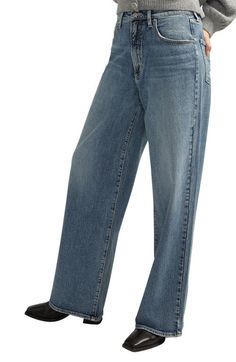 "Find SILVER JEANS CO. High Waist Baggy Wide Leg Jeans on Editorialist. Trendy wide legs and a baggy fit elevate these high-waist jeans made from low-stretch denim in a perfect light-blue wash. 31\" inseam; 20 1/2\" leg opening; 12 1/2\" front rise; 15\" back rise Zip fly with button closure Five-pocket style 99% cotton, 1% elastane Machine wash, tumble dry Imported" Baggy Wide Leg Jeans, Trendy Jeans, Waist Jeans, Silver Jeans, Cargo Jeans, Wide Legs, Baggy Fits, Wide Leg Jeans, High Waist Jeans