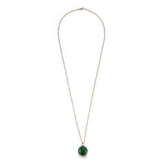 14kt Gold Malachite Gum Ball Drop Necklace We adore the new Gum Ball Drop long necklaces. Beautifully made in New York City of solid gold, malachite and diamonds. The 20mm Malachite pendant hangs from a 24" inch solid gold chain with signature clasp. This is thee perfect necklace for layering or just a long necklace to drop over your favorite t-shirt or sweater. 14kt Yellow Gold 18.05gm Gold 26" Length 20mm Malachite Clasp closure Made in New York Green Necklace With Detachable Round Pendant, Green Necklace With Large Medallion Pendant, Pendant Necklace With Cable Chain For May Birthstone, May Birthstone Pendant Necklace With Cable Chain, May Birthstone Cable Chain Pendant Necklace, Green Oval Pendant Amulet Necklace, Elegant Malachite Round Pendant Necklace, Yellow Gold Malachite Pendant Jewelry, Green Locket Necklace With Round Pendant