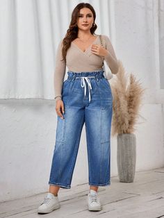 Plus Size Women Tie Waist Straight Leg Loose Casual Jeans Pants Medium Wash    Denim Plain Mom Fit Non-Stretch  Women Plus Clothing, size features are:Bust: ,Length: ,Sleeve Length: Black Hair Clips, Women Tie, Jeans Casual, Plus Size Jeans, Inspiration Mode, Street Chic, Casual Jeans, Wide Leg Jeans, Winter Women