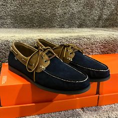 New In Damaged Box And Authentic Item. Blue Leather Low-top Boat Shoes, Blue Low-top Leather Boat Shoes, Blue Leather Boat Shoes With Round Toe, Blue Suede Boat Shoes With Round Toe, Blue Boat Shoes With Round Toe And Branded Insole, Blue Leather Boat Shoes With Stitched Sole, Deck Shoes Men, Polo Ralph Lauren Shoes, Canvas Boat Shoes