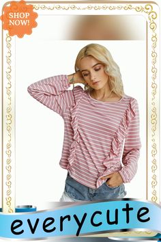 Pink Stripped Ruffles Hem Long Sleeve Tops Striped Long Sleeve Top With Ruffles, Spring Striped Ruffle Tops, Spring Striped Ruffled Tops, Trendy Striped Tops With Ruffles, Tops Long Sleeve, Women Tops, Ruffle Hem, Ladies Tops Fashion, Ruffles