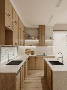 a kitchen with wooden cabinets and white counter tops