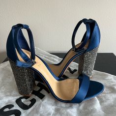 Schutz Hara Blue Satin Dress Heel - Size 9 - Rhinestone Embellishment On The Heel - New With Stickers And Dust Bag - Adjustable Buckle - Heel Height: 4 Inches Glamorous Embellished Blue Heels, Glamorous Blue Embellished Heels, Blue Embellished Heels For Special Events, Blue Party Heels With Rhinestones, Dark Blue Heels, Blue Satin Heels, Royal Blue Prom Dress, Ankle Wrap Heels, Blue Satin Dress