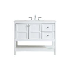 a white bathroom vanity with two sinks