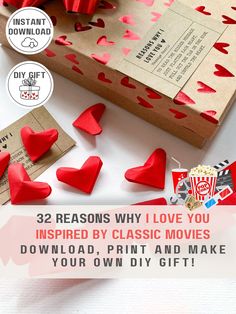 valentine's day gift guide with red hearts on it and the text 32 reasons why i love you inspired by classic movies