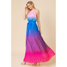 Semi-sheer pleated maxi dress with ankle-length lining features a vibrant ombré multicolored wash, high banded neckline, elasticized waist, open back, back button loop closure, removable self-tie sash, woven lining, and a flowy silhouette. Details - Self: 100% polyester Lining: 100% polyester Tread Lightly, Ombre Maxi Dress, Cami Dresses, Flowing Dresses, Pleated Maxi Dress, Pleated Maxi, Ombre Color, 70 Dress, Cami Dress