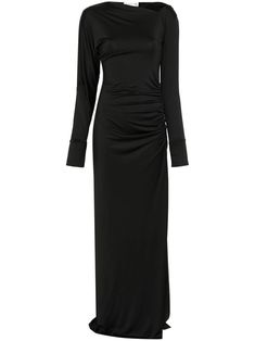 black stretch-jersey asymmetric neck concealed side zip fastening long sleeves split cuffs draped detailing ruched detailing side slit unlined straight hem floor-length Maxi Dresses Uk, Satin Dress Long, Maxi Dress Black, Maxi Jersey Dress, Victoria Dress, Satin Maxi, Satin Maxi Dress, Maxi Dress Green, Exclusive Fashion