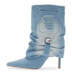 Step up your style game with these Blue Pointed Toe Mid-Calf Fold-Over Denim Boots. Featuring stiletto heels and a trendy fold-over design, these boots are perfect for any fashion-forward individual. Color: Blue Material: Denim Heel Type: Stiletto heel Heel height: 4" / 100 mm approx Product measurements were taken using size 8. Please note that measurements may vary by size. Toe: Pointed toe Faux crystal embellishment Distressed pocket details Handcrafted US sizing. Fits true to size. Chloe 2024, Denim Heels, Denim Boots, Crystal Embellishment, Heel Type, Pocket Detail, Stiletto Heel, Mid Calf, Step Up