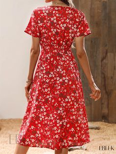 Ebeek - Exquisite Calico Floral Print Short Sleeve Dress: A Chic and Versatile V-Neck Casual Dress for Spring and Summer, Enhancing Womens Fashion Ensemble Dress For Spring, Floral Print Shorts, Short Sleeve Dress, Sleeve Dress, Casual Dress, Short Sleeve Dresses, Floral Print, Floral Prints, V Neck