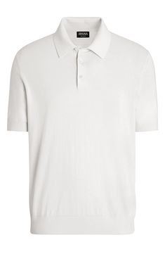 The brand's new Baby Island cotton-and-cashmere blend is made for the casual comfort befitting a wardrobe-staple polo shirt. Button half-placket Spread collar Short sleeves Ribbed cuffs and hem 70% cotton, 30% cashmere Dry clean or hand wash, dry flat Made in Italy Men's Designer Clothing Classic Cashmere Tops With Button Closure, White Polo Shirt With Seamless Collar For Work, White Seamless Collar Polo Shirt For Work, White Polo Collar Tops For Business Casual, Classic White Cashmere Polo Sweater, Classic Short Sleeve Polo Sweater For Business Casual, Classic White Cashmere Top, White Elegant Collared Polo Sweater, Casual Cashmere Tops With Collared Neckline