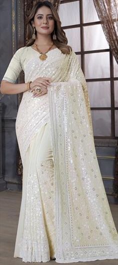 White and Off White color Saree in Georgette fabric with Embroidered, Resham, Sequence, Thread work White Color Saree, Saree For Engagement, Engagement Mehendi, Reception Saree, Wedding Sarees Online, Party Wear Gown, Beautiful Sarees, Indian Sarees Online, Lehenga Style