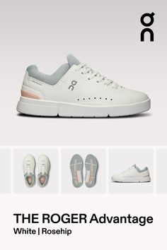 the roger advantage white rosehip shoe is shown in four different colors and sizes, including two