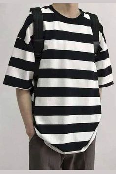 Casual Striped Color Loose Oversize Shirt – Tomscloth Baggy Striped Shirt, Big Striped Shirt Outfit, Oversized Striped T-shirt For Summer, Casual Striped Crew Neck Shirt, Striped Cotton Top For Streetwear, Striped Cotton Shirt With Graphic Print, Trendy Striped Crew Neck Shirt, Striped Oversized Short Sleeve T-shirt, Oversized Black Casual Shirt