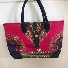 Stunning! Magenta, Lime, Purple Multicolored African Handbag With Gold Detail. Matching Hand Purse Included. Never Used. Hand Purse, Denim Purse, Laptop Shoulder Bag, African Clothing, Gold Details, Michael Kors Jet Set, Green Dress, Medium Size, Pink Purple