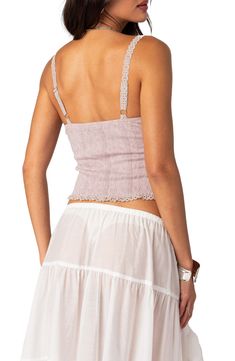 Front ties lend dainty appeal to this lacy camisole made of comfy stretch cotton and designed with a subtly cropped hem. Sweetheart neck Adjustable straps 95% cotton, 5% spandex Machine wash, dry flat Imported Feminine Cami Top With Built-in Bra, Fitted Tank Lace Top With Delicate Lace, Summer Stretch Tank Top With Delicate Lace, Summer Stretch Camisole With Delicate Lace, Summer Stretch Lace Tank Top, Summer Delicate Lace Cami Tank Top, Delicate Lace Cami Tank Top For Summer, Feminine Bra-friendly Camisole Top, Delicate Lace Stretch Tank Top For Summer